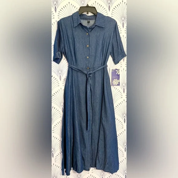 Indigo & Lace  Blue Denim Midi Dress with Belt Womens size medium Macy’s - Picture 2 of 7